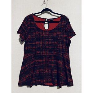Torrid Top Womens 2X Red Black Scoop Neck Ponte Knit Peplum Hem Stretch Boho